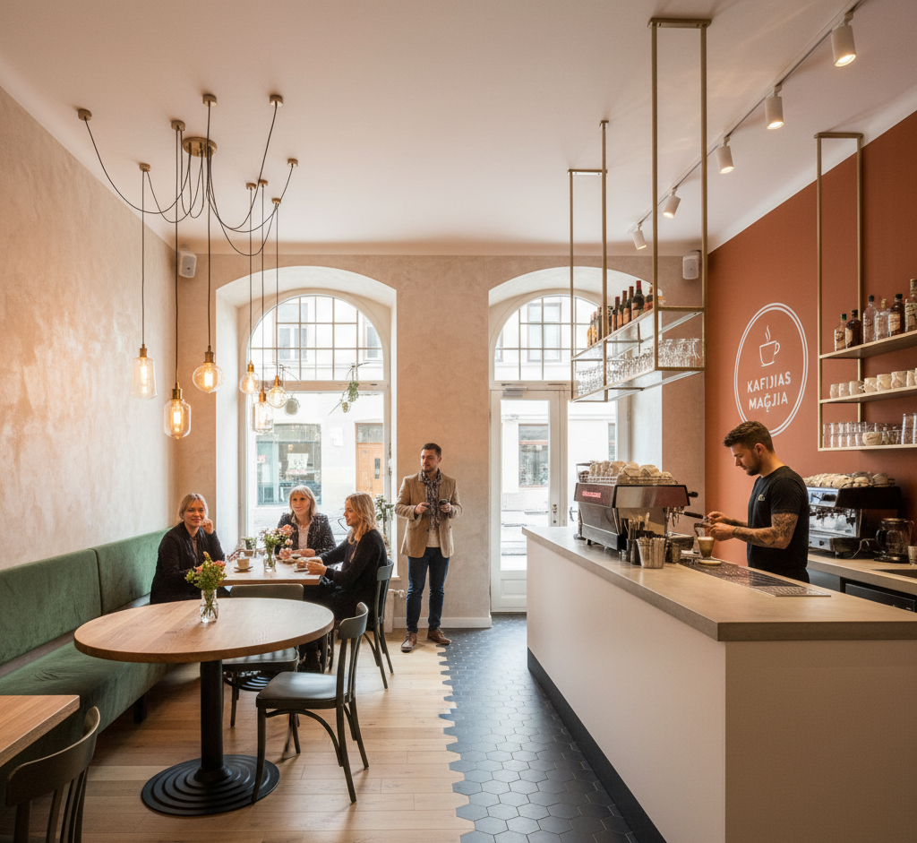 pārkrāsota kafeinīca ar priecīgiem viesiem
